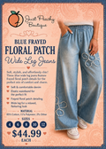 Blue frayed floral patch wide leg jeans