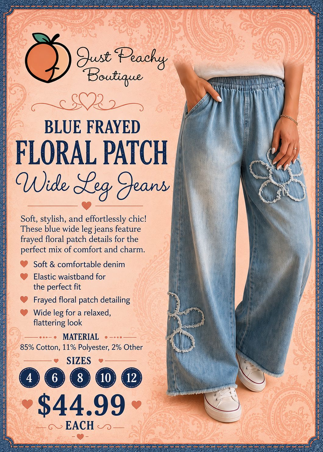 Blue frayed floral patch wide leg jeans