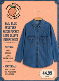 Sail blue western patch pocket long sleeve denim shirt
