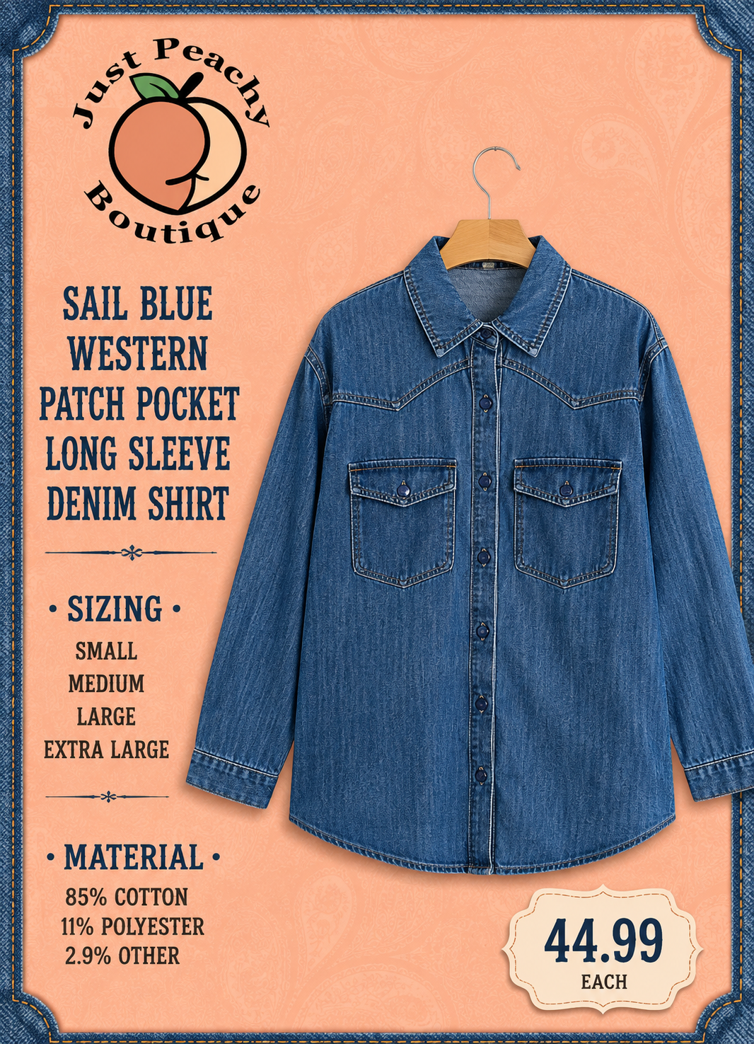 Sail blue western patch pocket long sleeve denim shirt