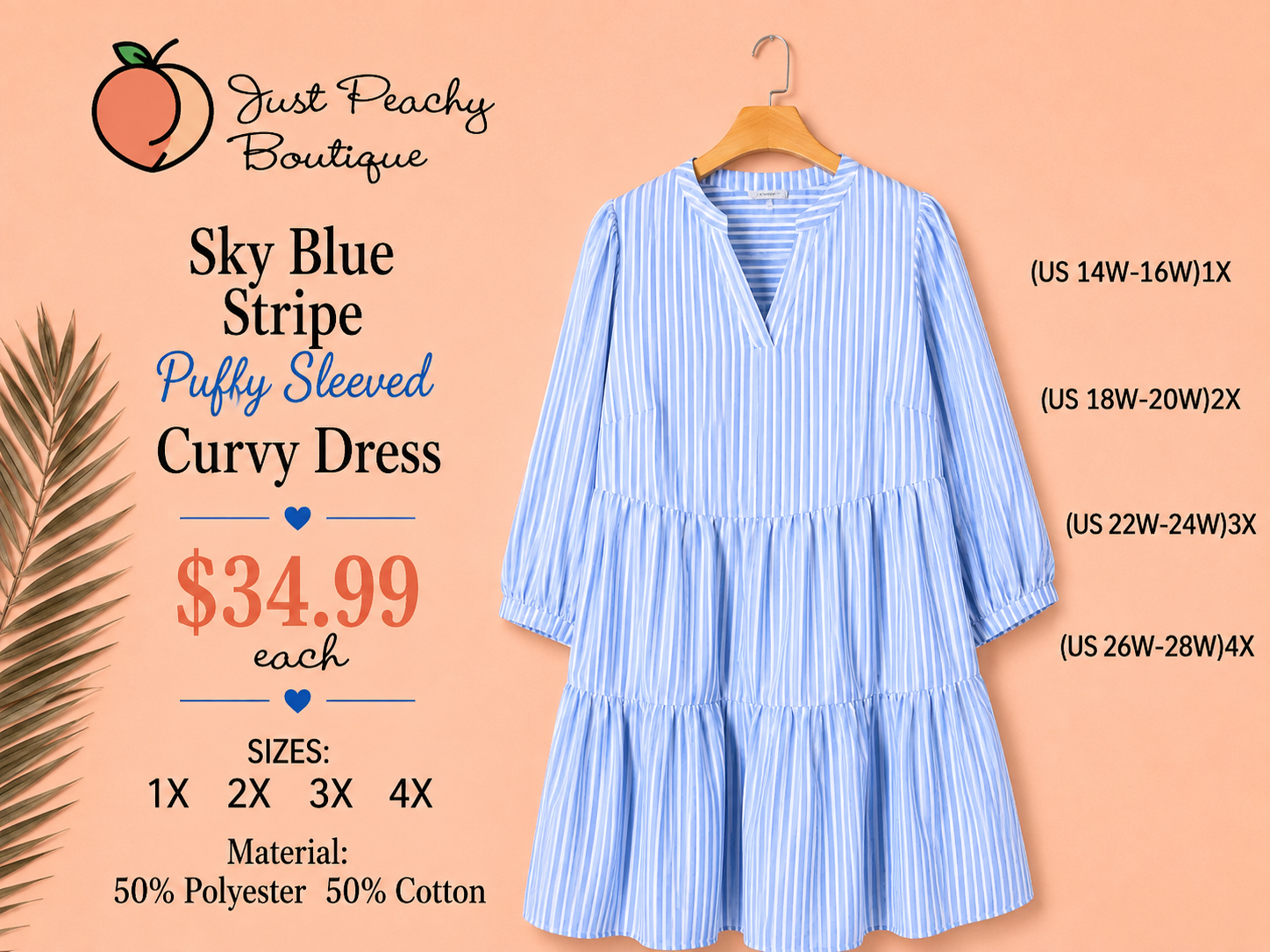 Sky Blue Striped Puffy Sleeve Curvy Dress