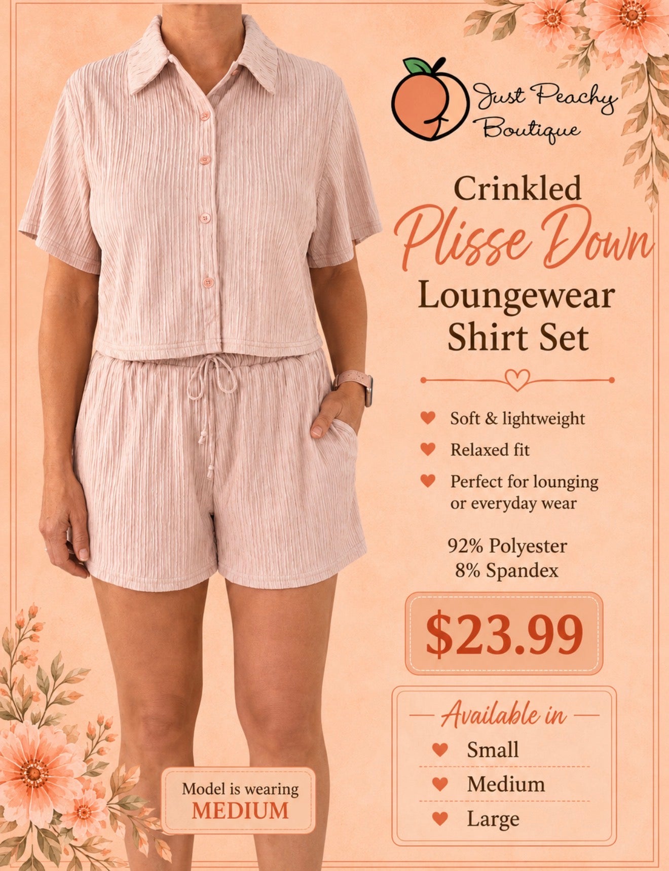 Crinkled Plisse Down Loungewear Short set