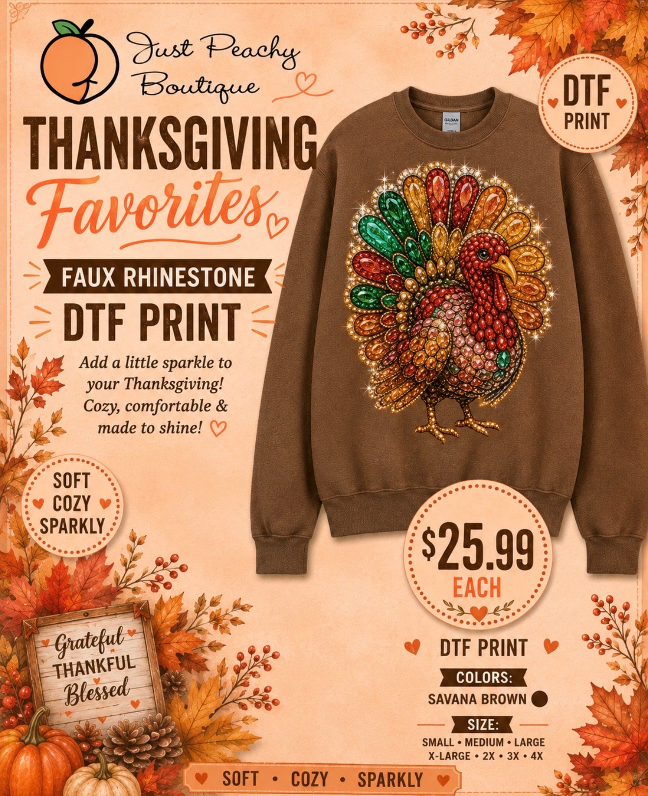 Faux rhinestone DTF print Thanksgiving turkey sweatshirt