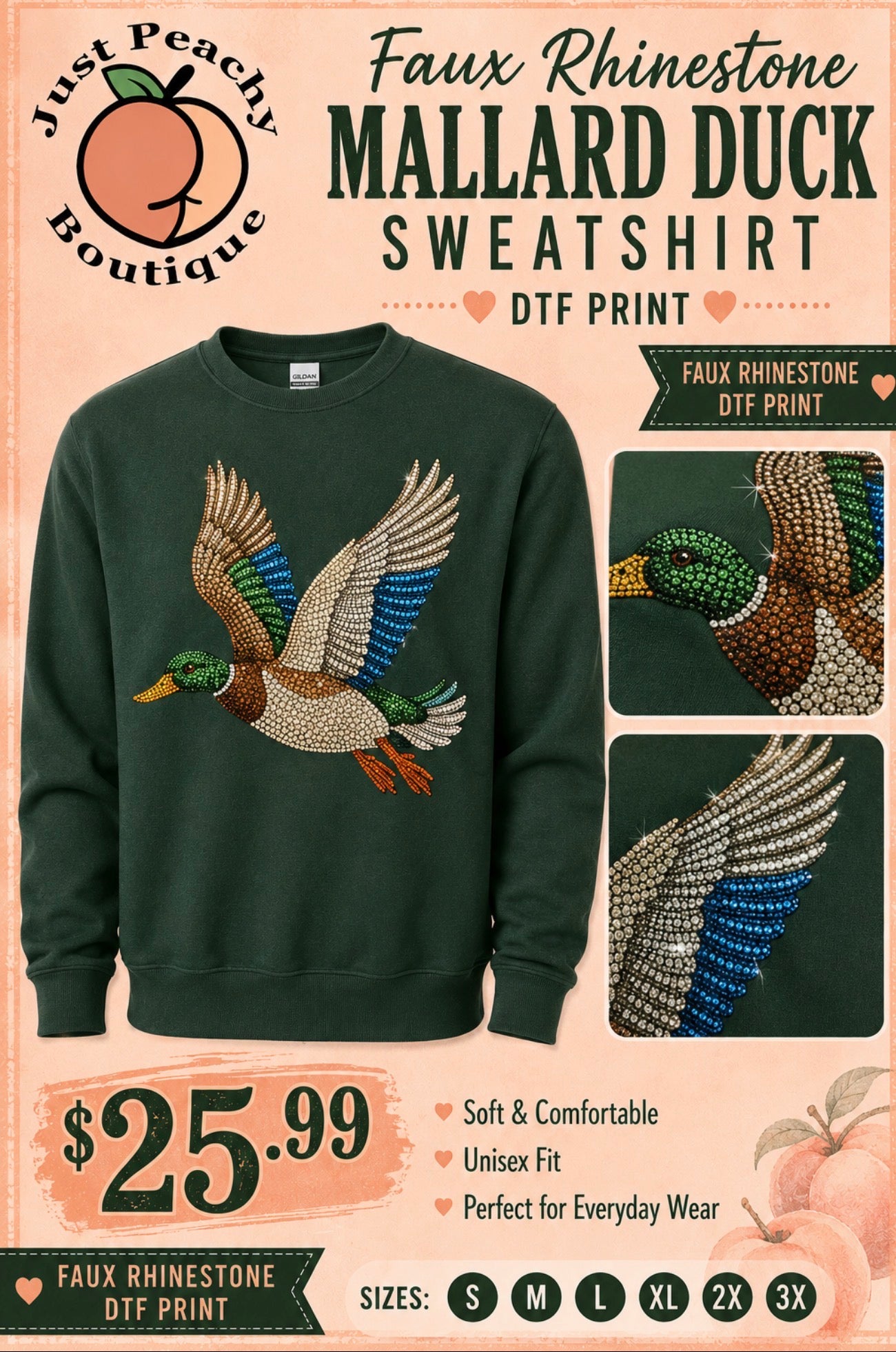 Mallard Duck DTF Faux Rhinestone print sweatshirt