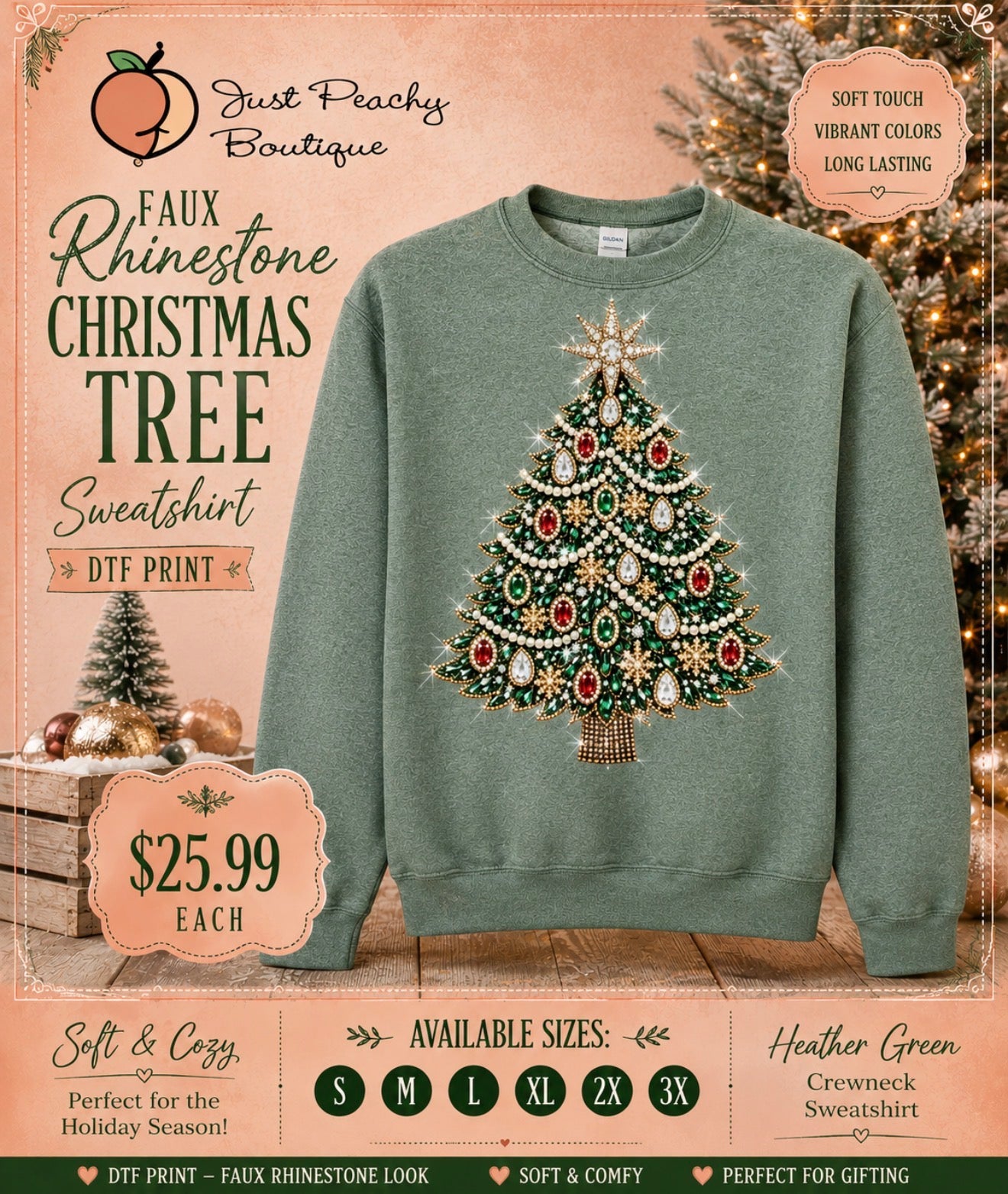 Gildan long sleeve DTF Christmas Tree print- Faux Rhinestone sweater