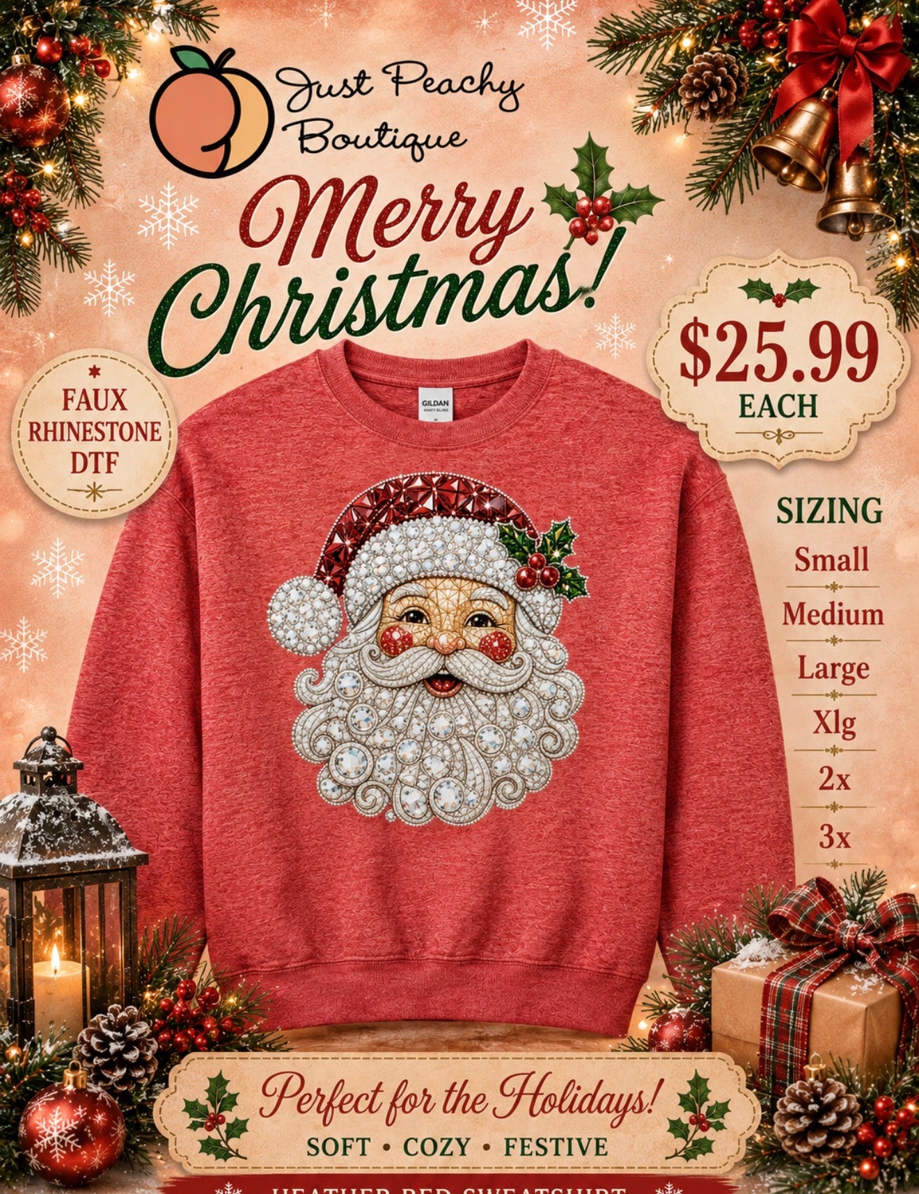 Gildan longsleeve DTF print santa faux rhinestone sweater